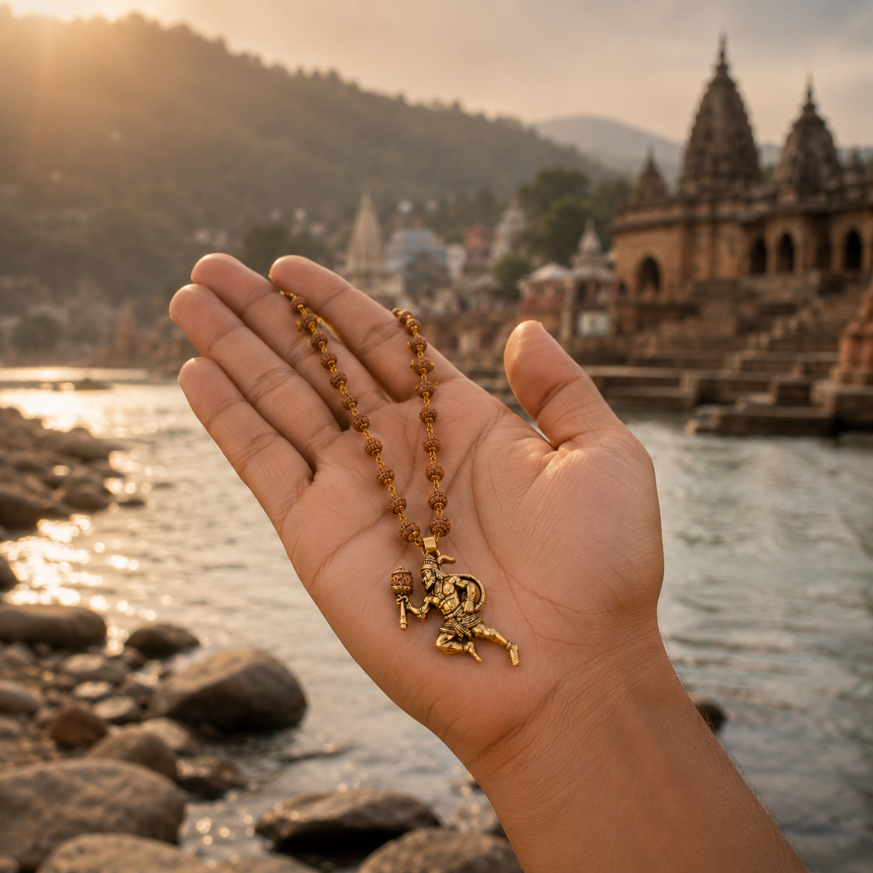Gold Plated Bajrangbali Gada Pendant with Rudraksha Mala handheld view