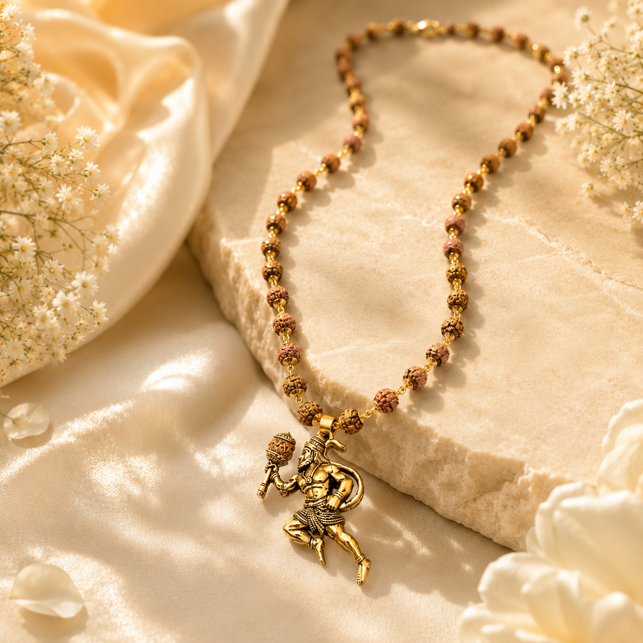 Gold Plated Bajrangbali Gada Pendant with Rudraksha Mala main product view