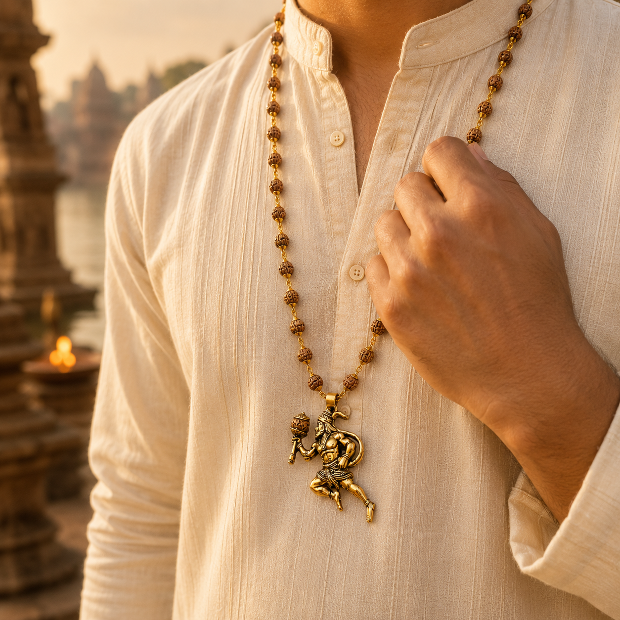 Gold Plated Bajrangbali Gada Pendant with Rudraksha Mala worn by model
