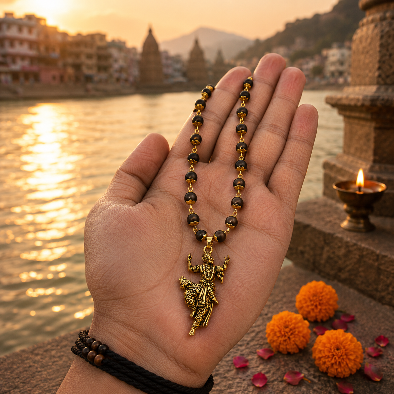 Gold Plated Bajrangbali Pendant with Karungali Mala handheld view