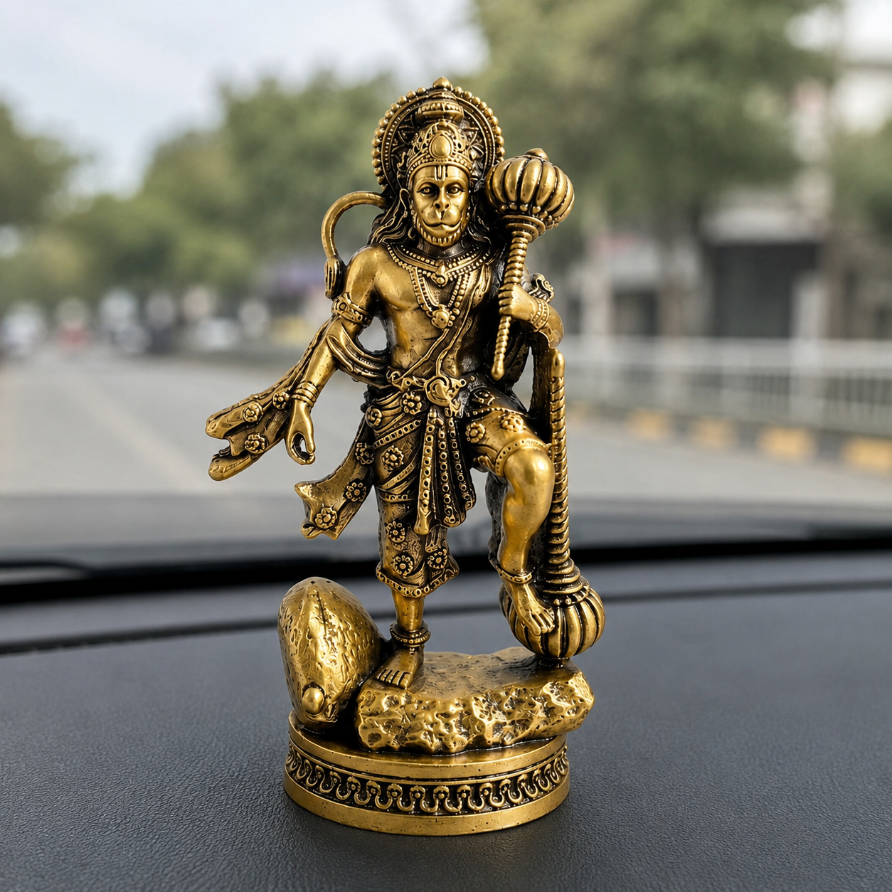Gold Plated Hanuman Ji with Gada Idol car dashboard view