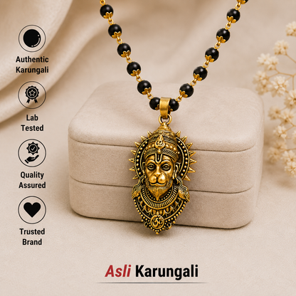 Gold Plated Hanuman Pendant close-up with Karungali beads