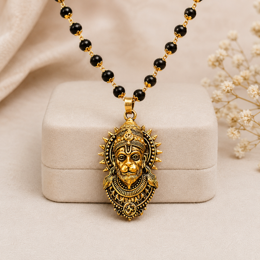 Gold Plated Hanuman Pendant with Karungali Mala front view