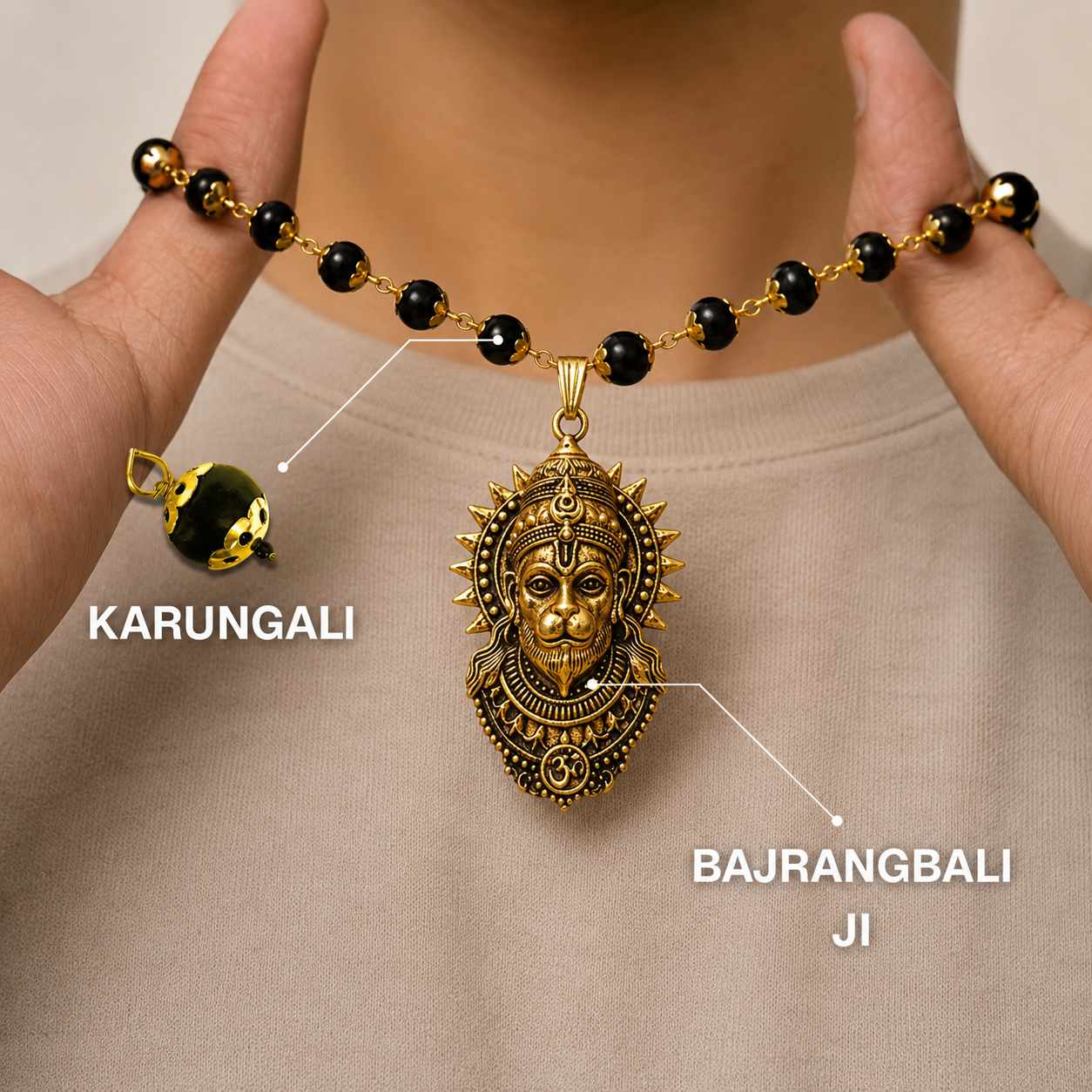 Gold Plated Hanuman Pendant Karungali Mala worn by model