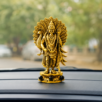 Gold Plated Lord Murugan with Peacock Idol car dashboard view