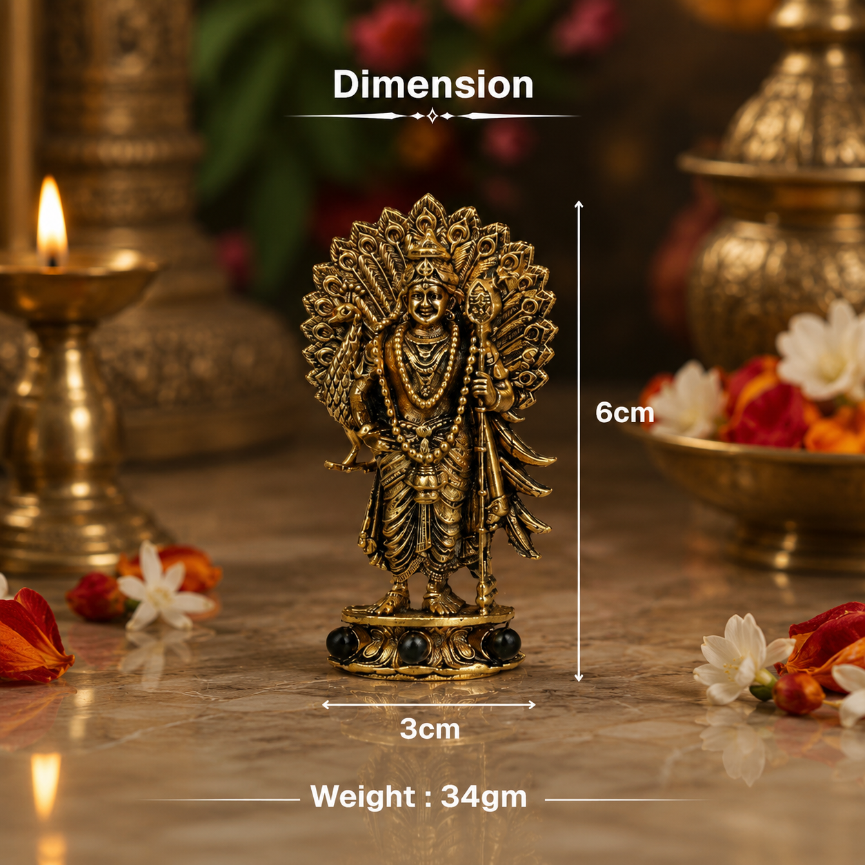 Gold Plated Lord Murugan with Peacock Idol close-up view