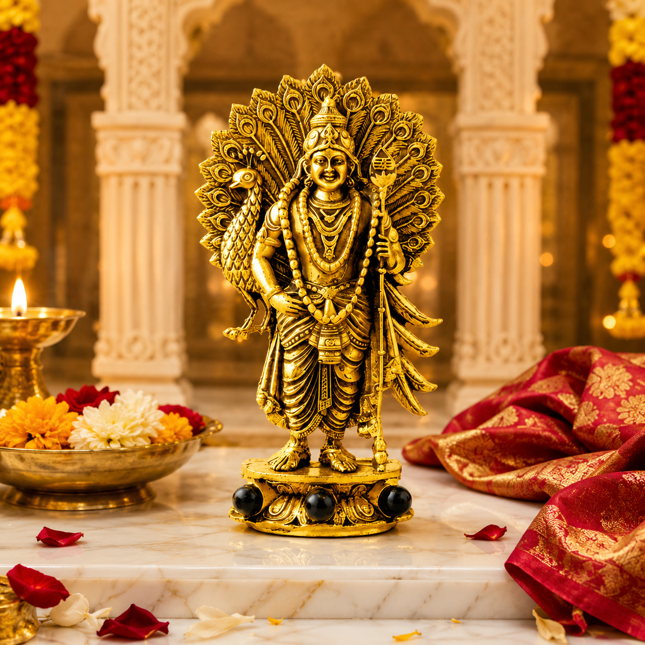 Gold Plated Lord Murugan with Peacock Idol for home temple
