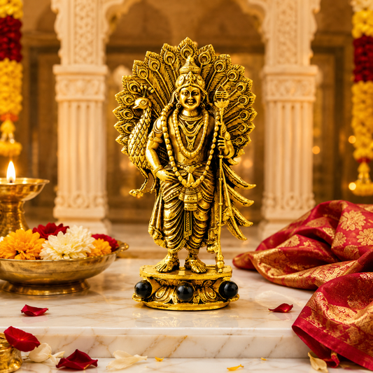 Gold Plated Lord Murugan with Peacock Idol for home temple