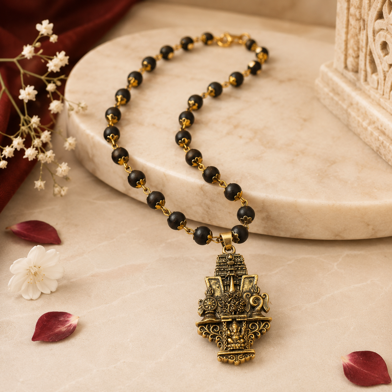 Gold Plated Lord Venkateswara and Ganesha Temple Pendant Mala close-up view