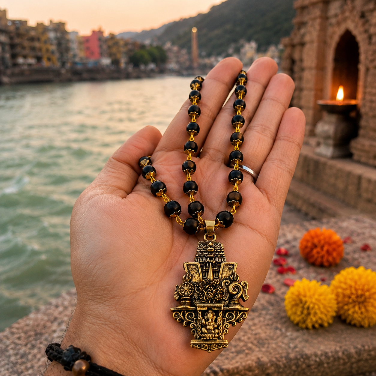 Gold Plated Lord Venkateswara and Ganesha Temple Pendant Mala handheld view