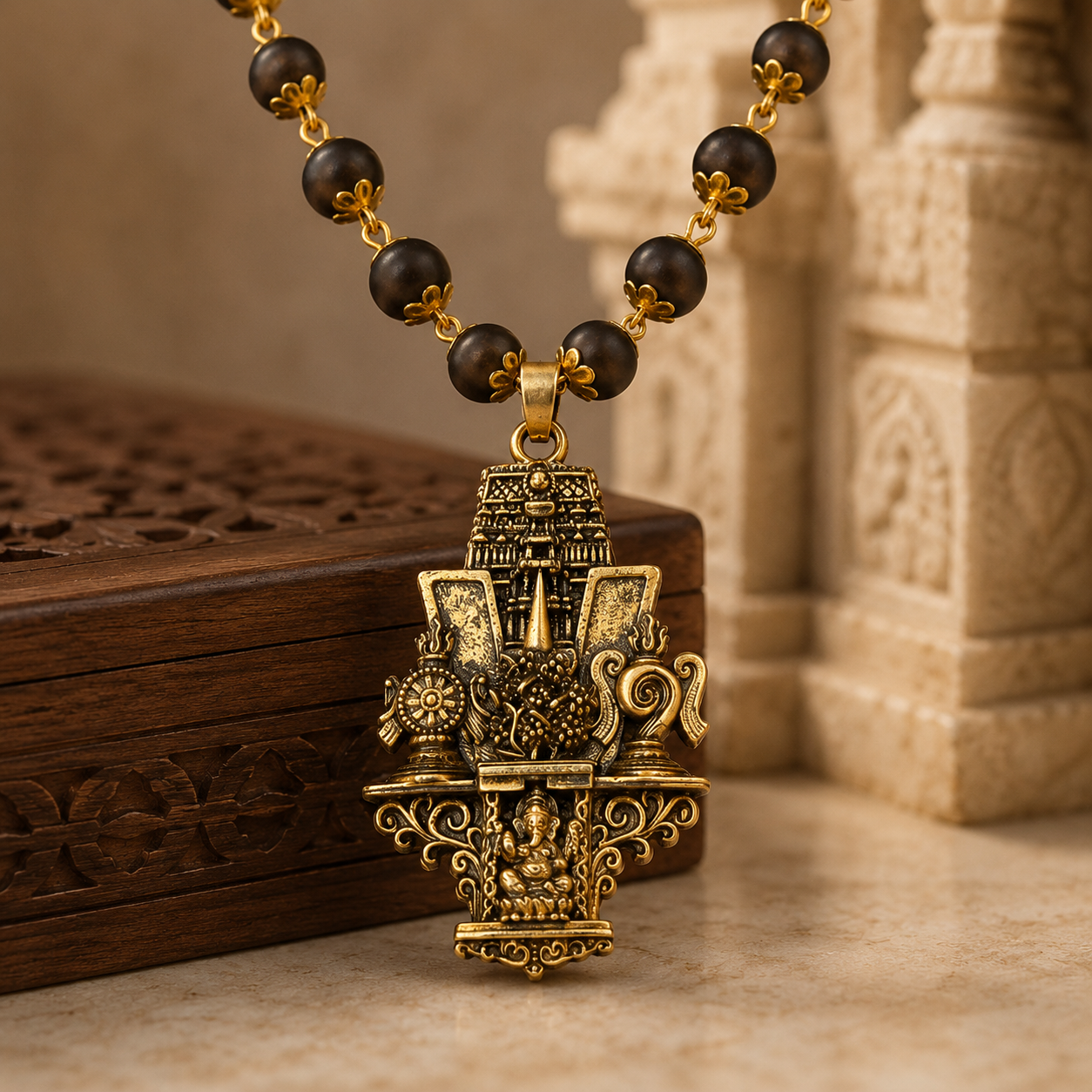 Gold Plated Lord Venkateswara and Ganesha Temple Pendant Mala main product view
