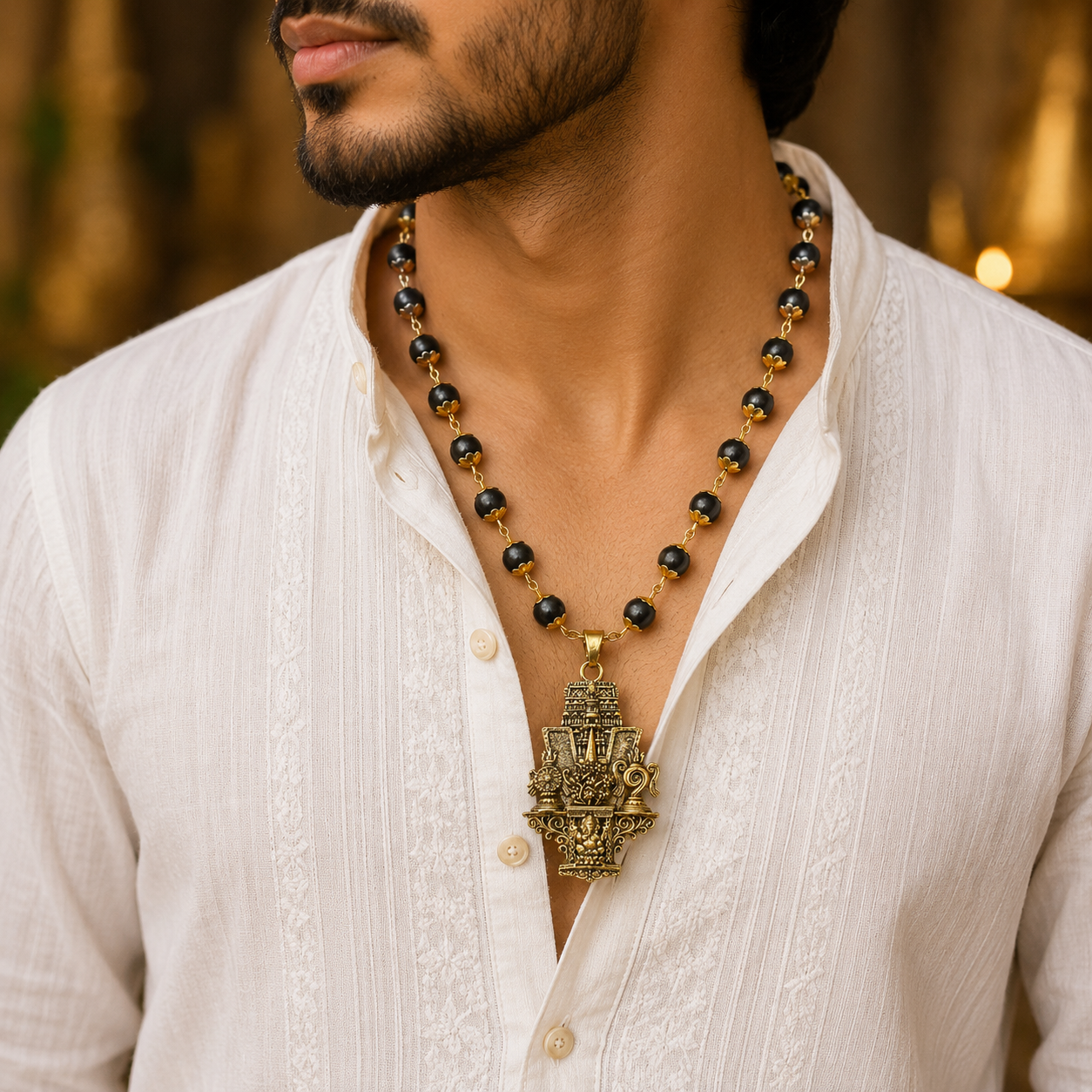Gold Plated Lord Venkateswara and Ganesha Temple Pendant Mala worn by model