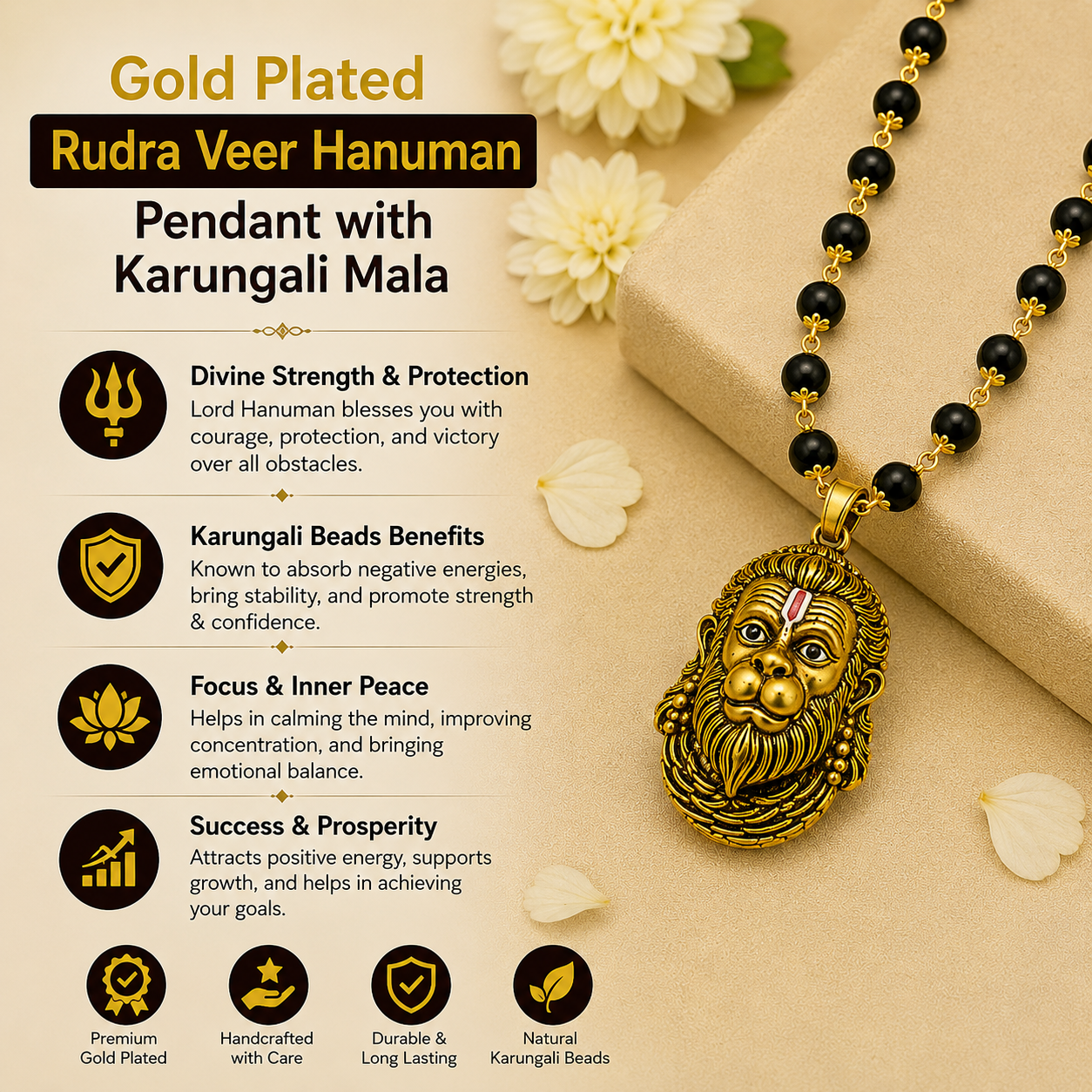 Gold Plated Rudra Veer Hanuman Pendant with Karungali Mala benefits and features