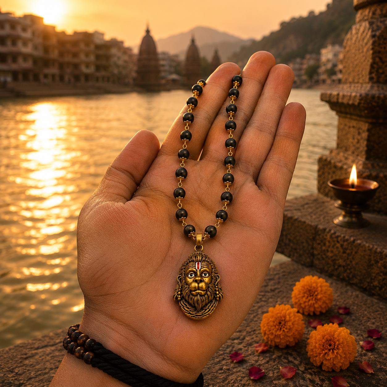 Gold Plated Rudra Veer Hanuman Pendant with Karungali Mala handheld view