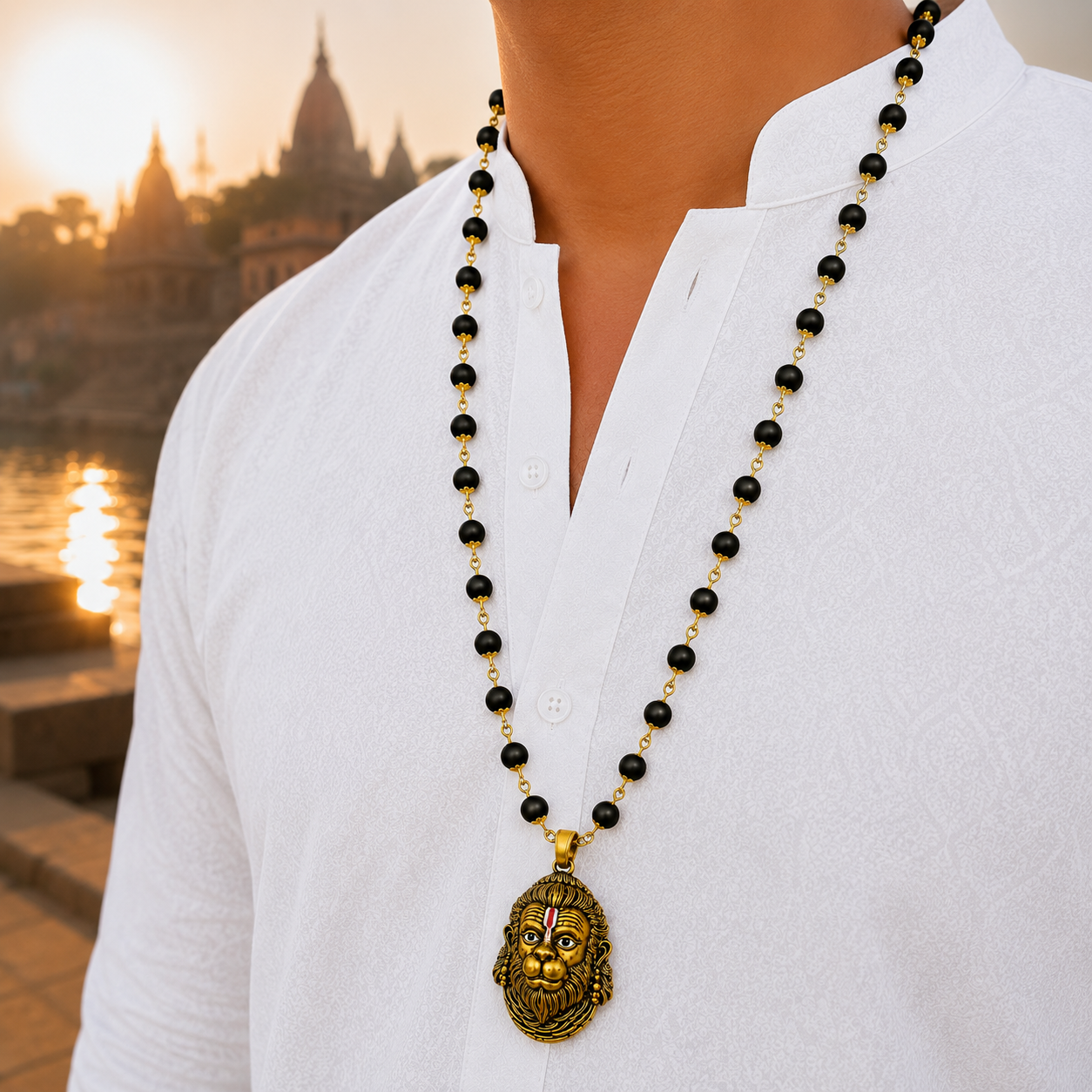 Gold Plated Rudra Veer Hanuman Pendant with Karungali Mala worn by model
