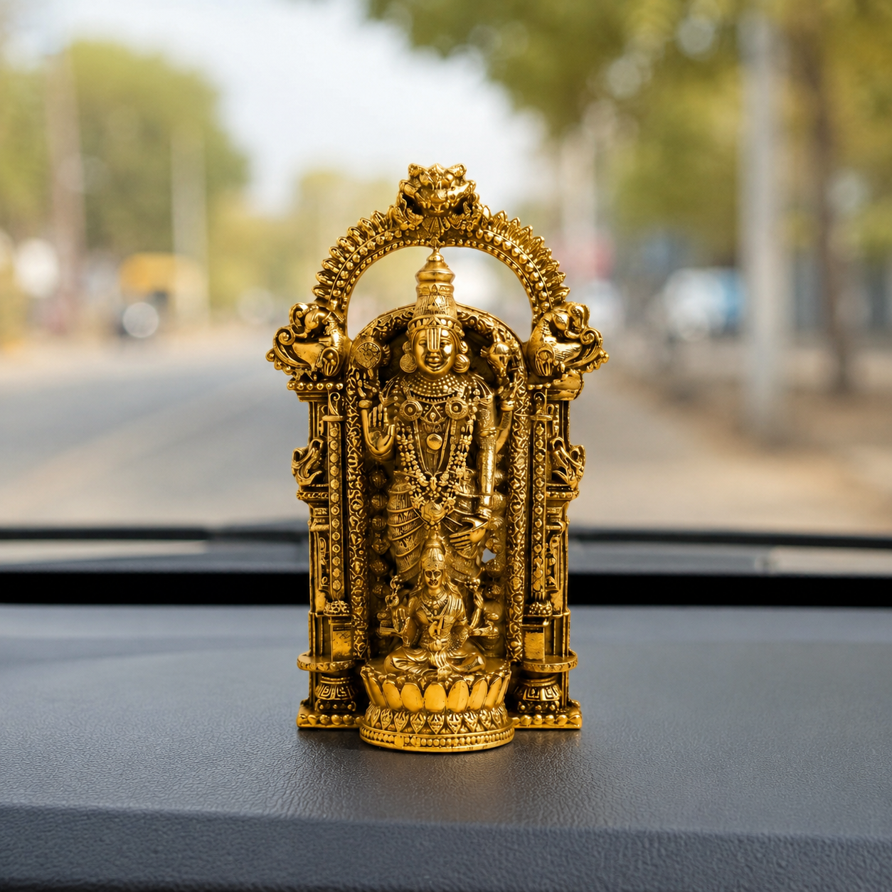 Gold Plated Shri Venkateswara and Mahalakshmi Idol car dashboard view