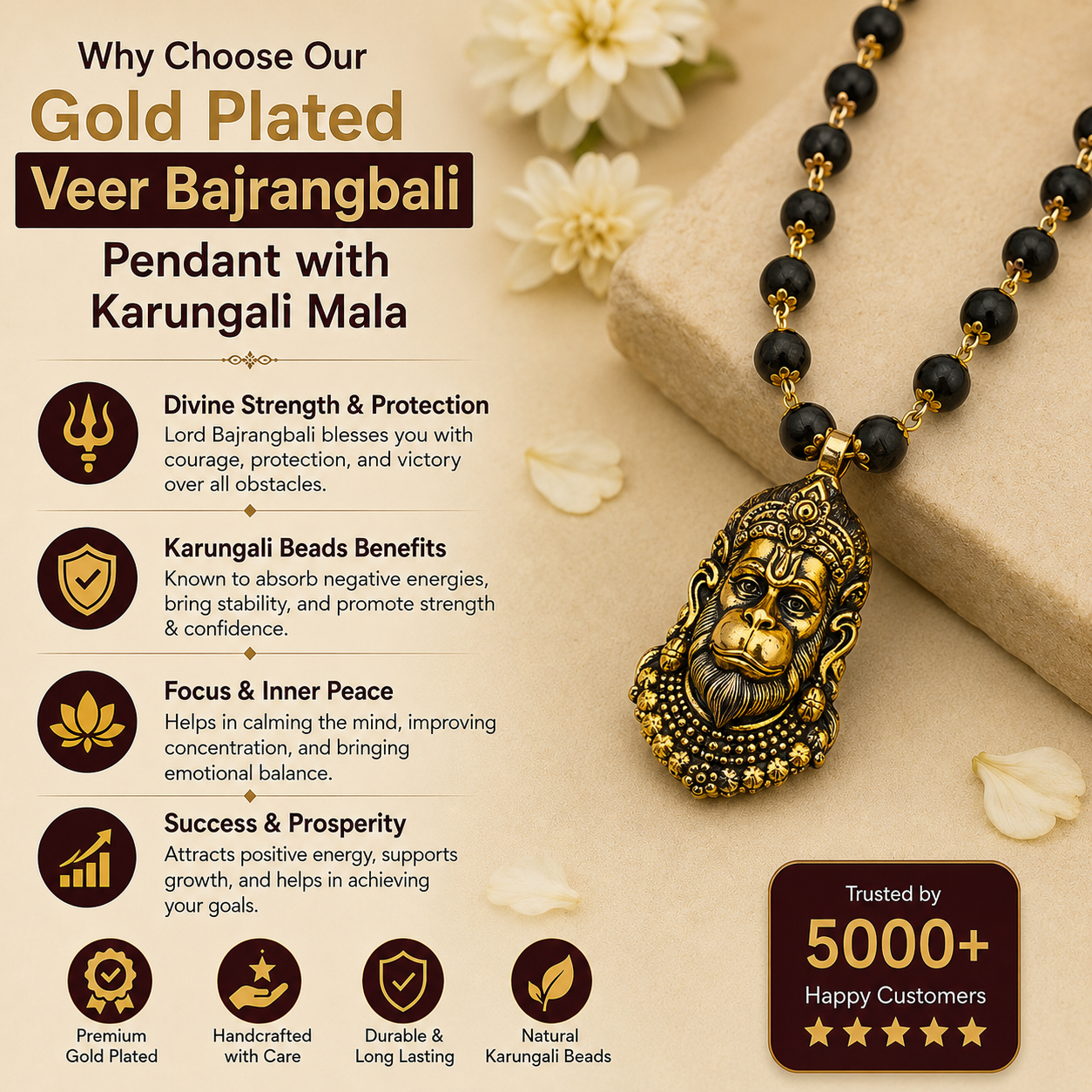 Gold Plated Veer Bajrangbali Pendant with Karungali Mala benefits and features