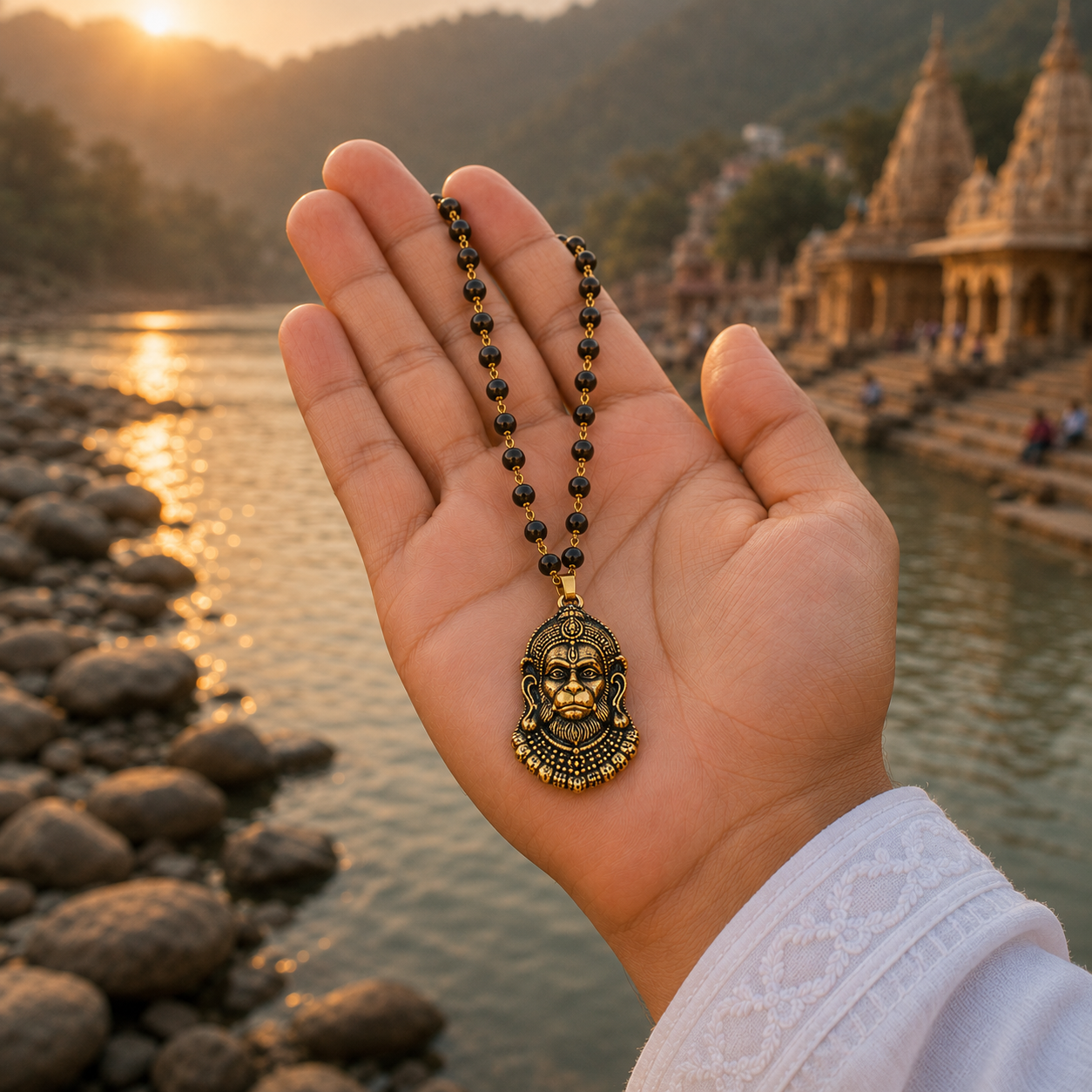 Gold Plated Veer Bajrangbali Pendant with Karungali Mala handheld view