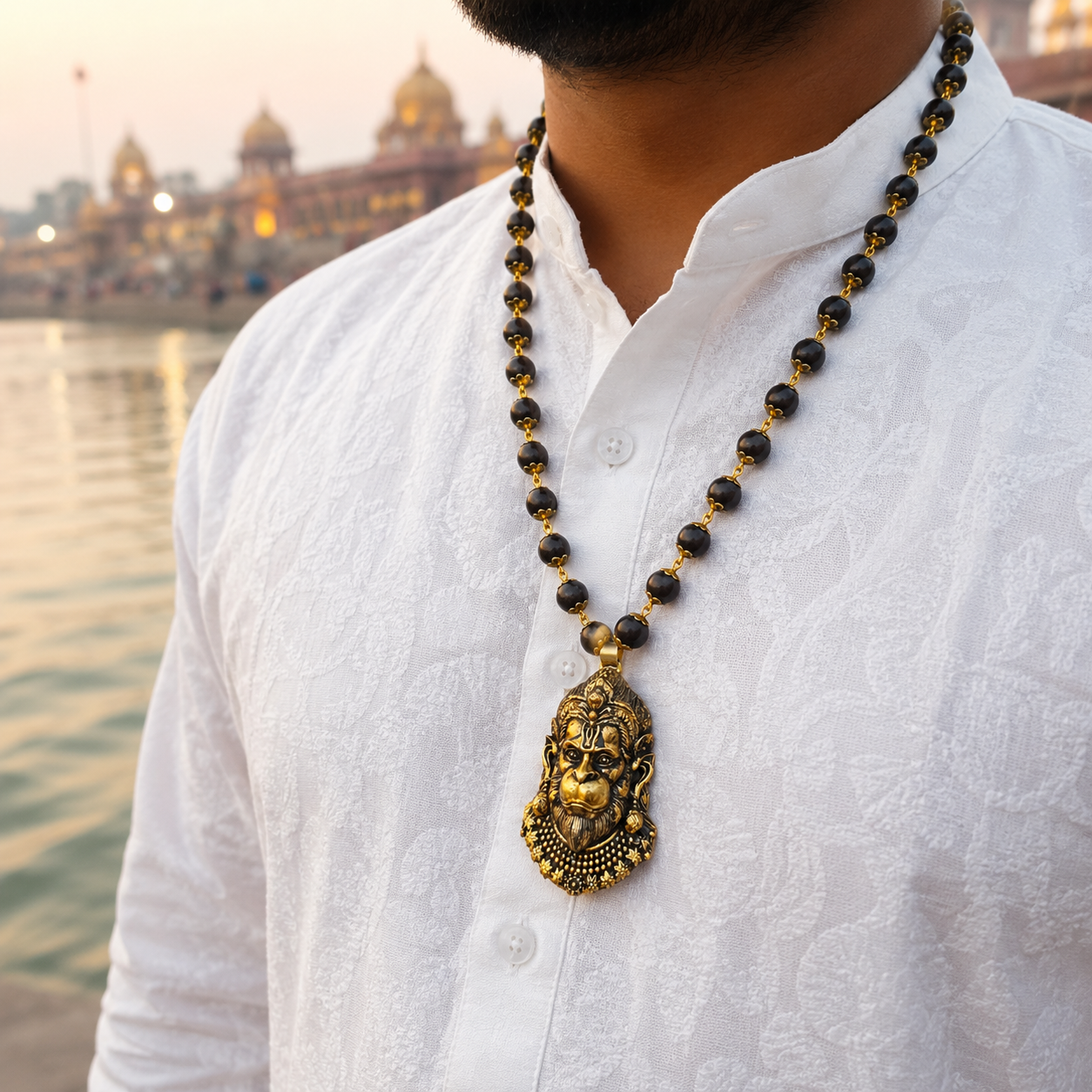 Gold Plated Veer Bajrangbali Pendant with Karungali Mala worn by model