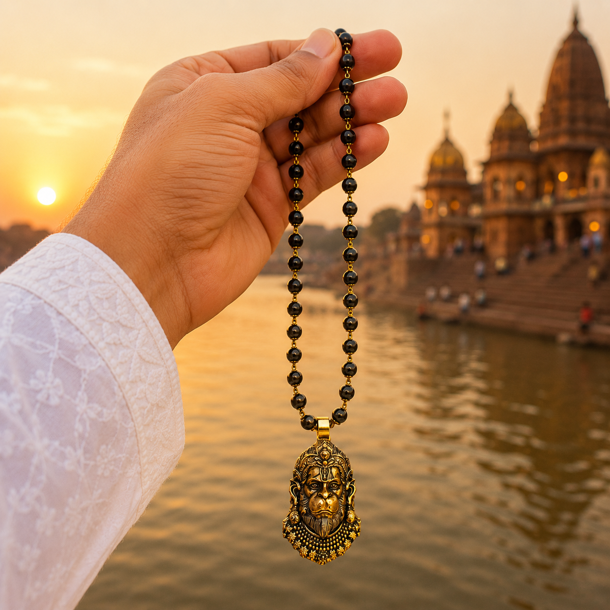 Gold Plated Veer Bajrangbali Pendant with Karungali Mala temple handheld view