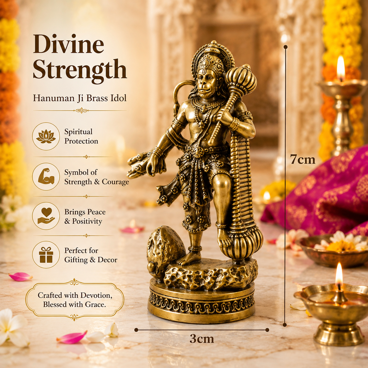 Divine Hanuman Ji Idol with Gada | Strength, Protection & Blessings ( Gold Plated )