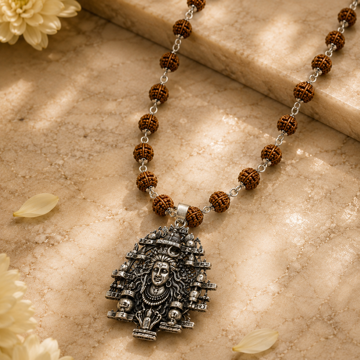 Silver Plated 12 Jyotirling Mahadev Pendant with Rudraksha Mala