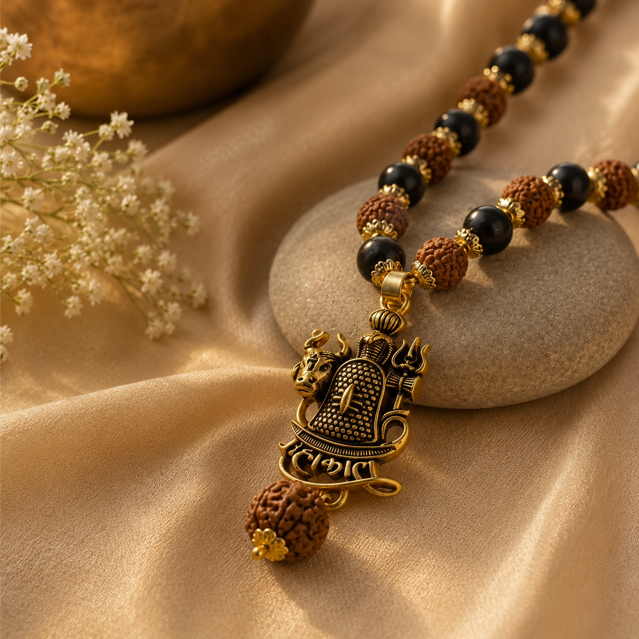 Mahakal Trishul Nandi Pendant with Rudraksha Karungali Mala
