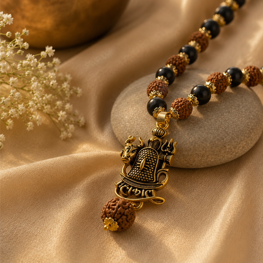 Mahakal Trishul Nandi Pendant with Rudraksha Karungali Mala