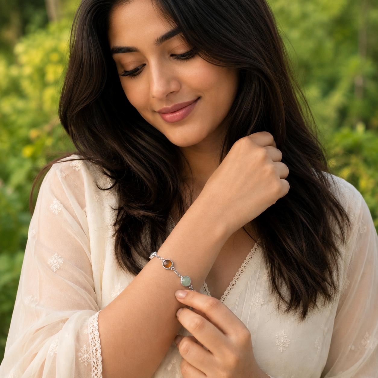 Woman wearing Metal Dhan Yog Bracelet for Women