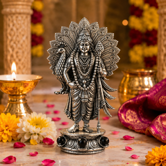 Lord Murugan with Peacock Brass Idol for Home, Car & Workplace