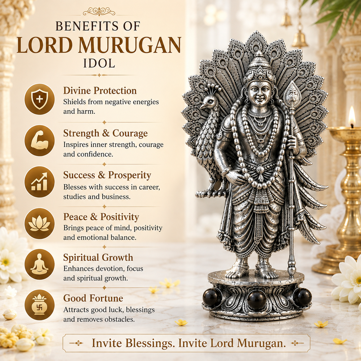 Lord Murugan with Peacock Brass Idol for Home, Car & Workplace