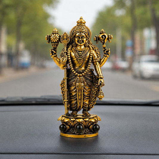 Gold Plated Lord Murugan Idol with Karungali Beads car dashboard view