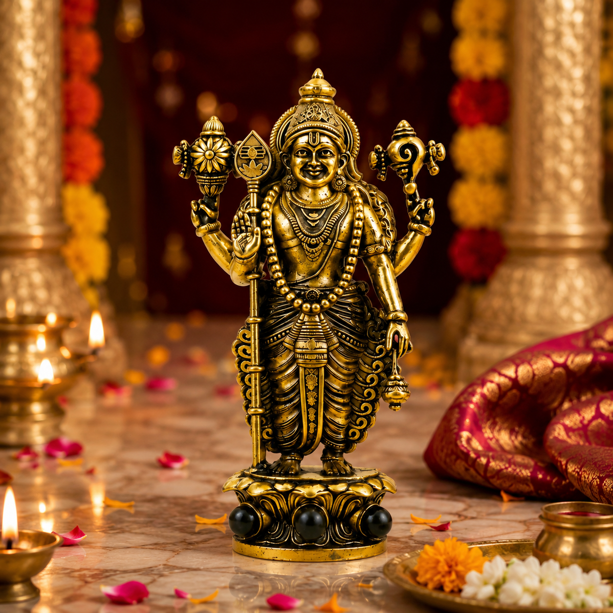 Gold Plated Lord Murugan Idol with Karungali Beads for home temple