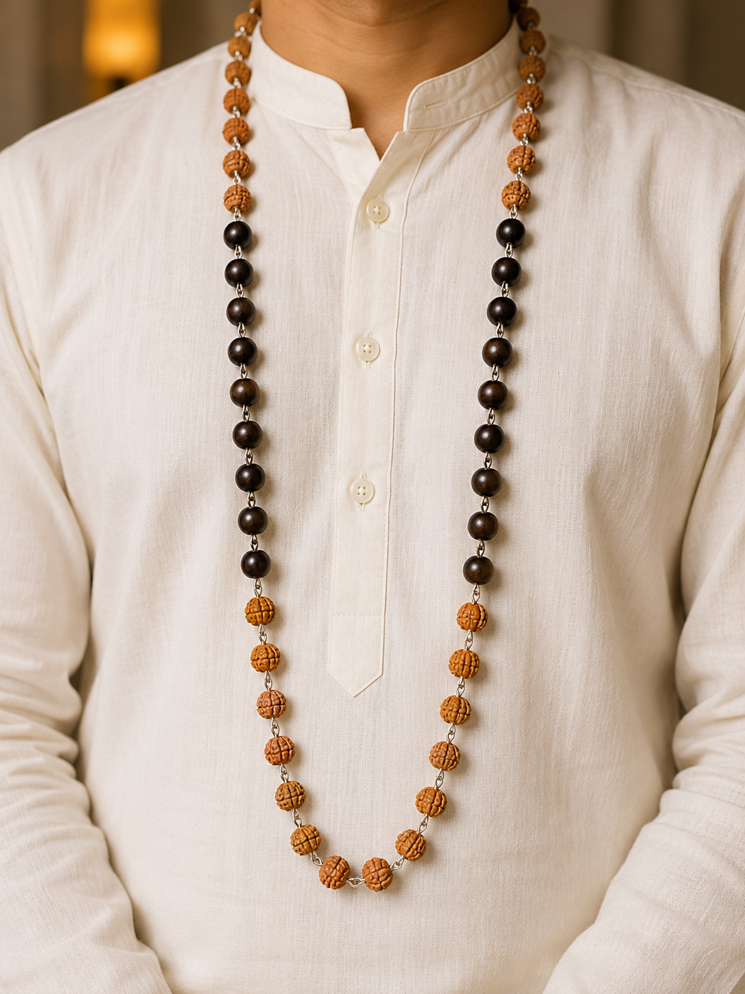 Rudraksha and Karungali Mala worn by model