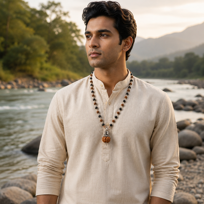 Shiv Ganesh Pendant with Rudraksha Karungali Mala on white kurta