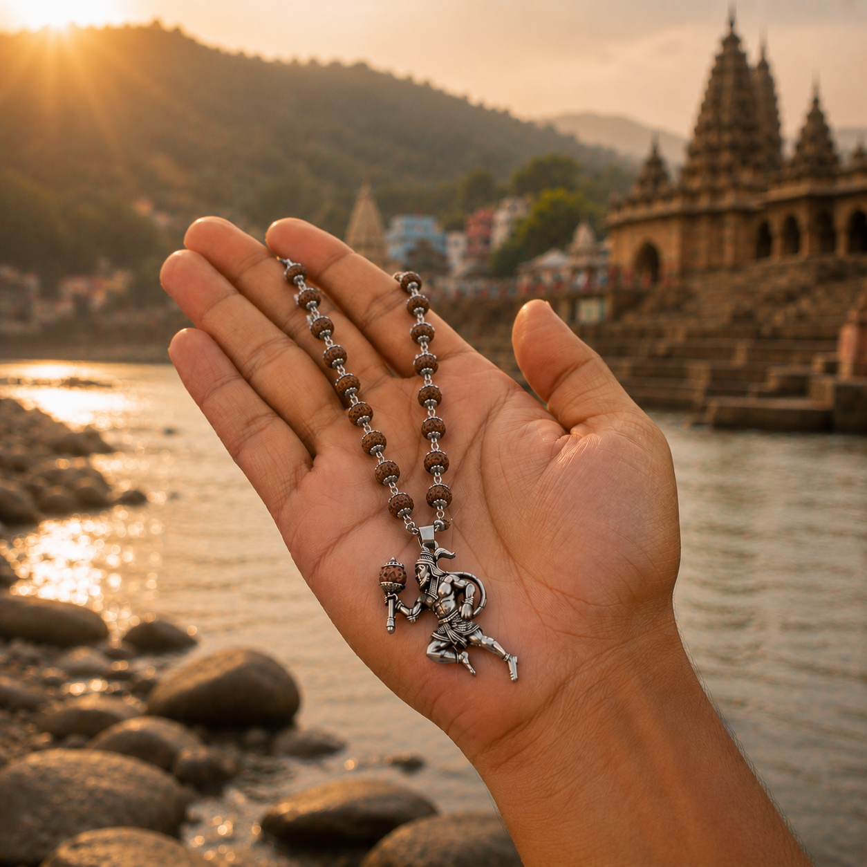 Silver Plated Bajrangbali Gada Pendant with Rudraksha Mala handheld view