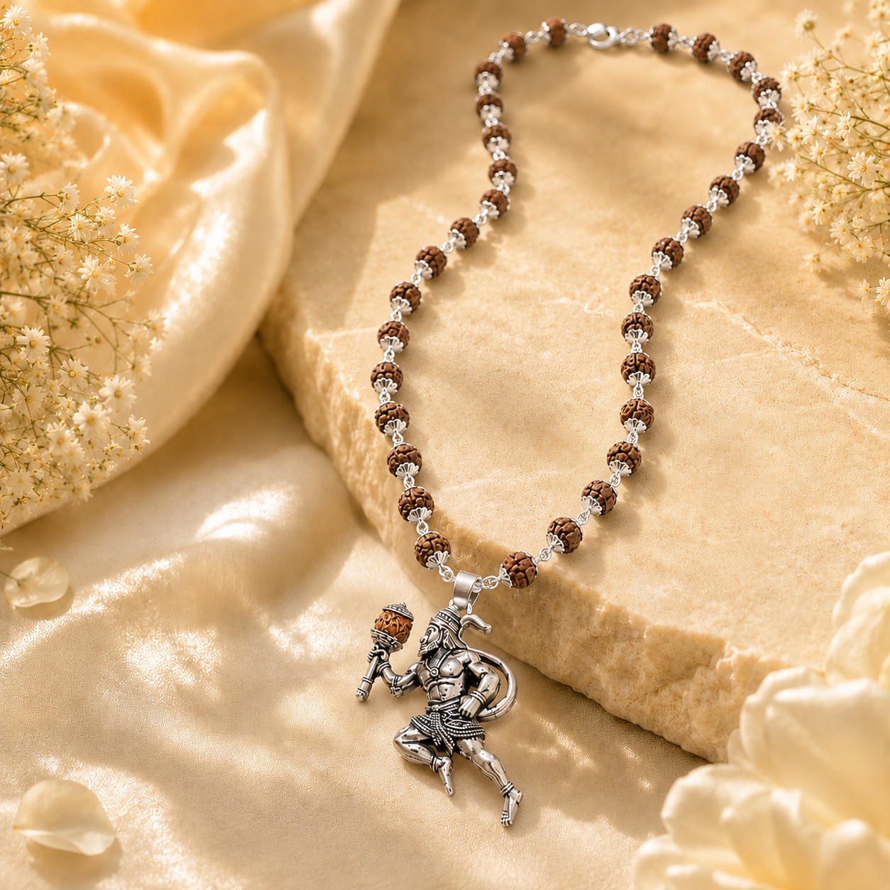 Silver Plated Bajrangbali Gada Pendant with Rudraksha Mala main product view