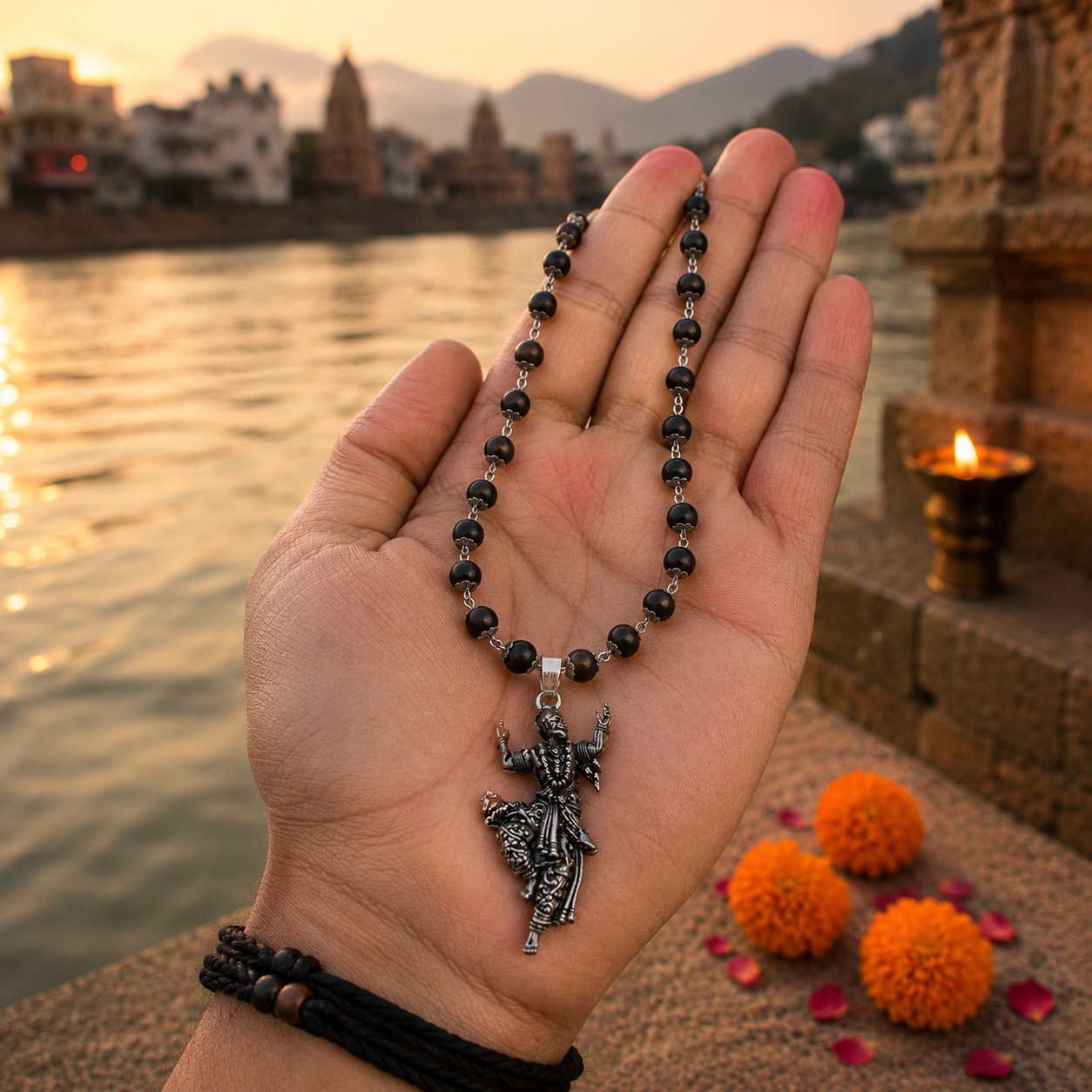 Silver Plated Bajrangbali Pendant with Ebony Wood Beads handheld view