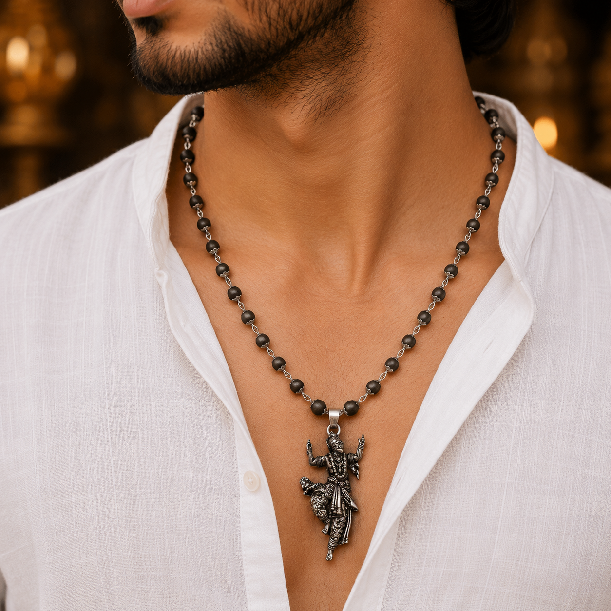 Silver Plated Bajrangbali Pendant with Ebony Wood Beads worn by model