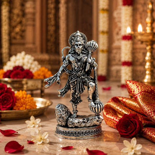 Silver Plated Hanuman Ji with Gada Idol for home temple