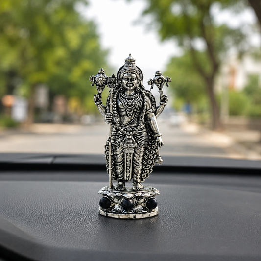 Silver Plated Lord Murugan Idol with Karungali Beads car dashboard view