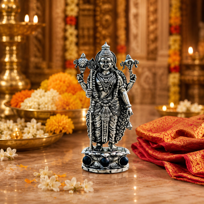 Silver Plated Lord Murugan Idol with Karungali Beads home temple view
