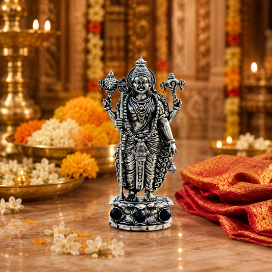Silver Plated Lord Murugan Idol with Karungali Beads home temple view