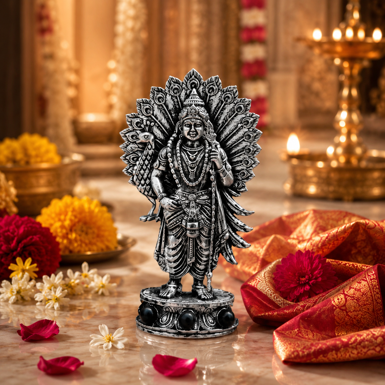 Silver Plated Lord Murugan with Peacock Idol for home temple