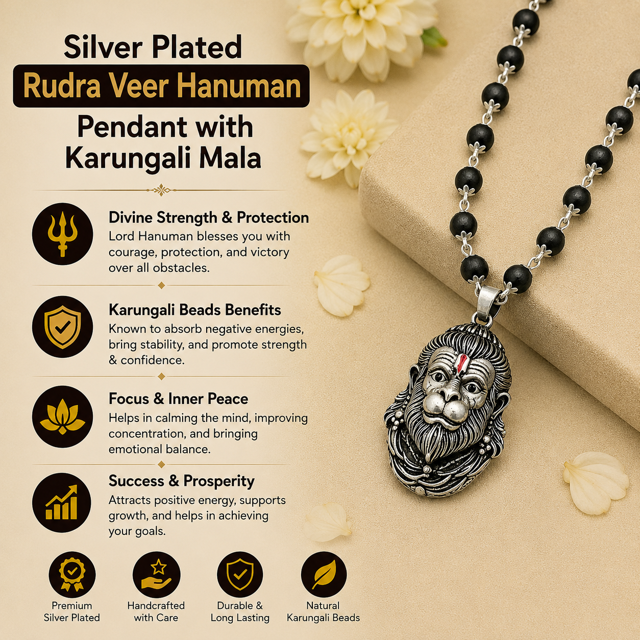 Silver Plated Rudra Veer Hanuman Pendant with Karungali Mala benefits and features