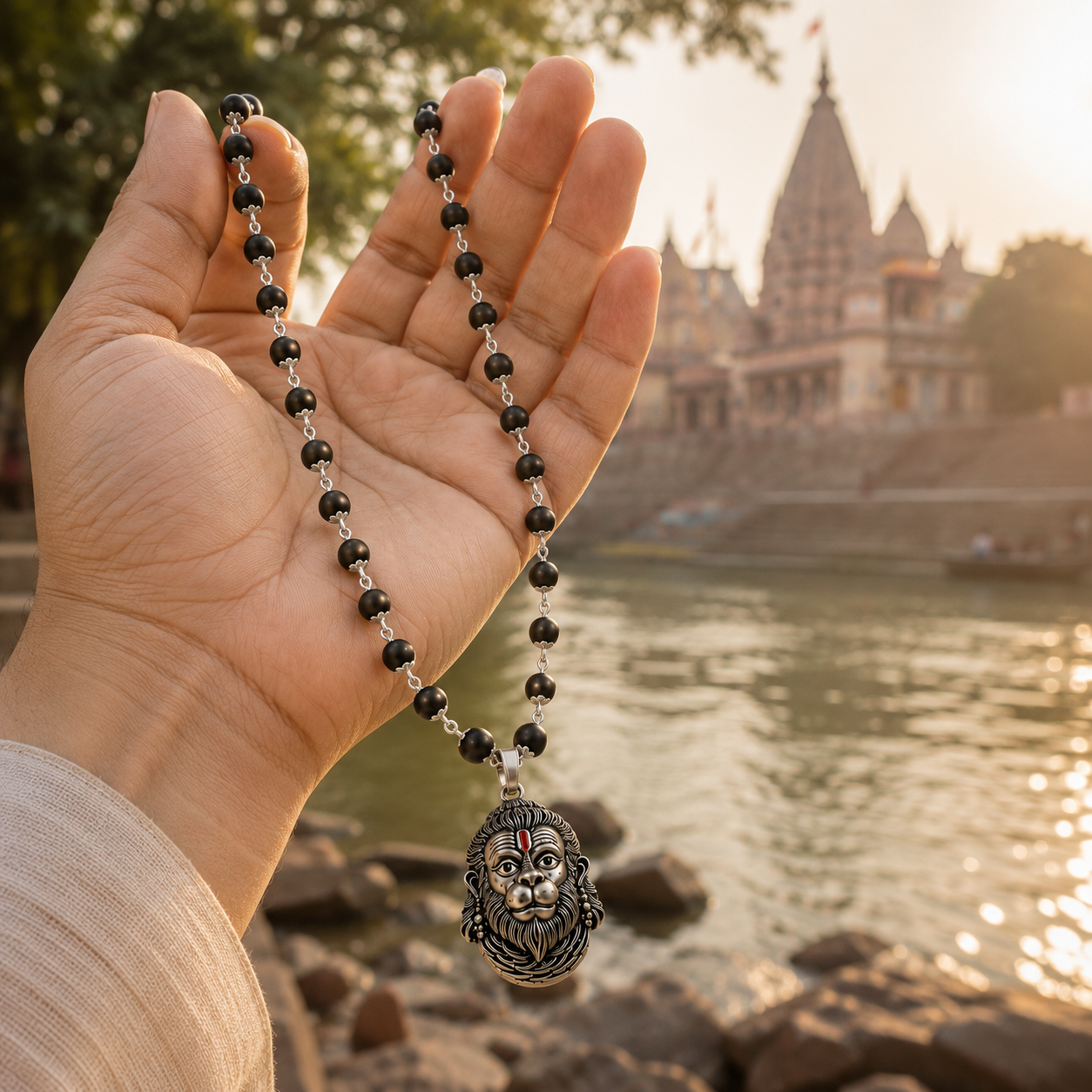 Silver Plated Rudra Veer Hanuman Pendant with Karungali Mala handheld view