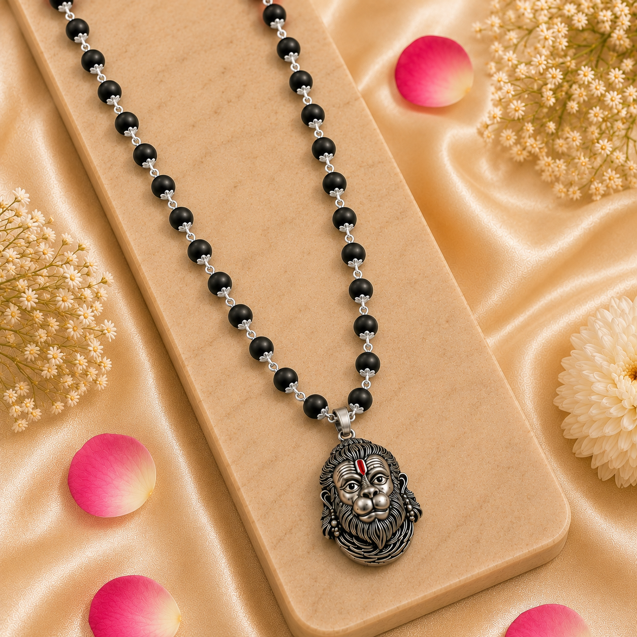 Silver Plated Rudra Veer Hanuman Pendant with Karungali Mala main product view