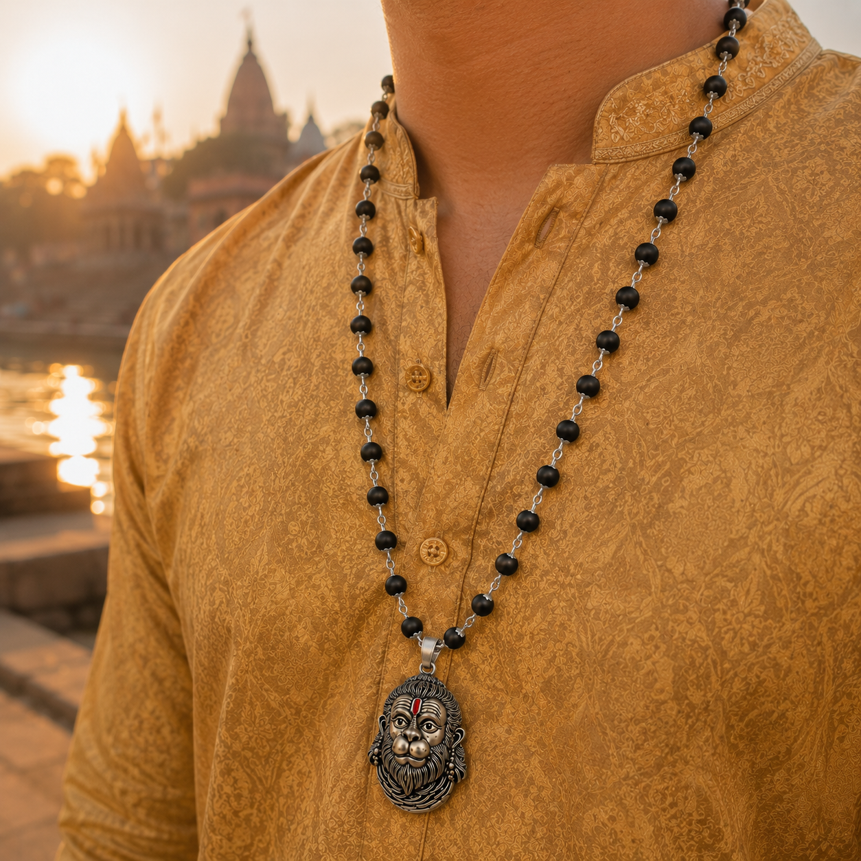 Silver Plated Rudra Veer Hanuman Pendant with Karungali Mala worn by model