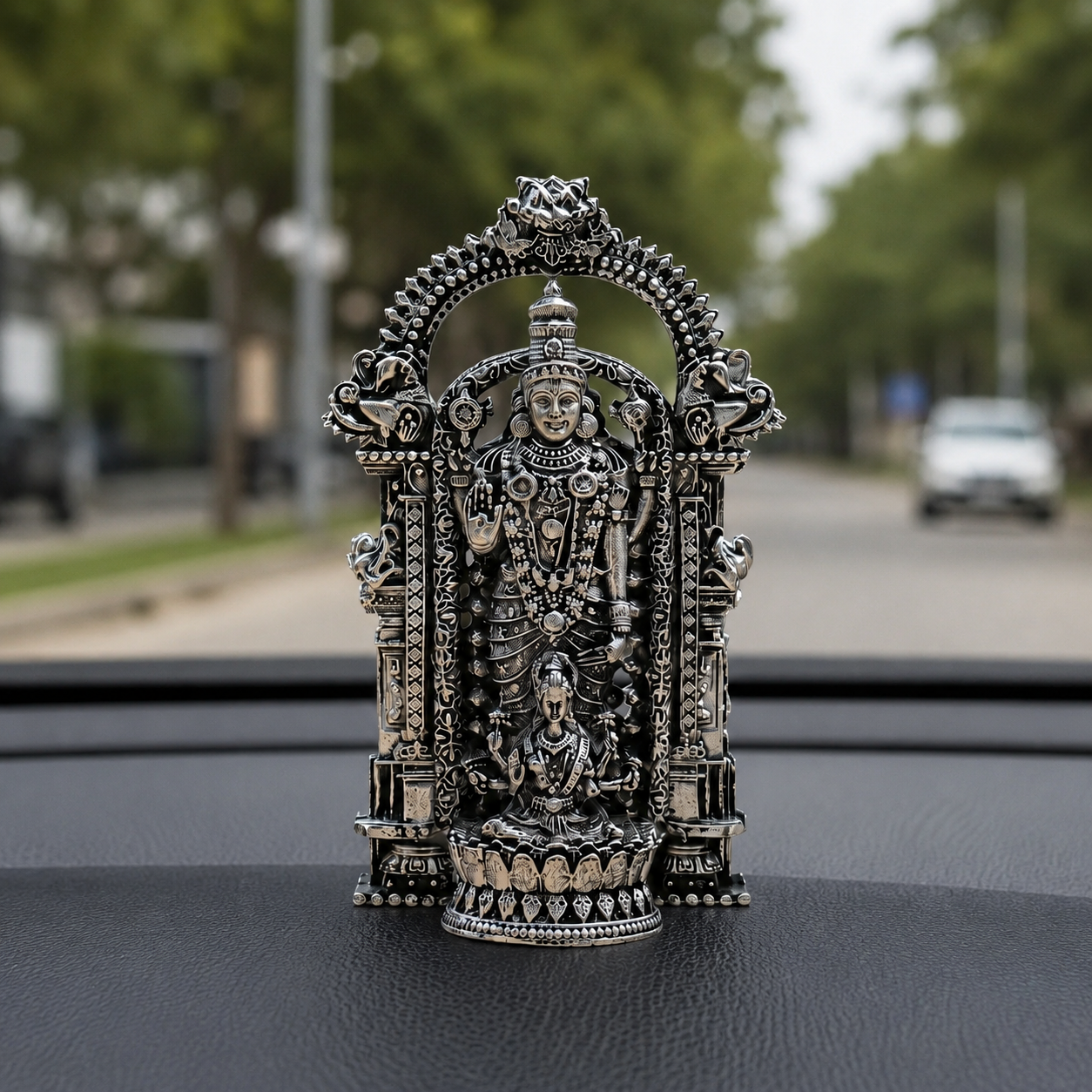 Silver Plated Shri Venkateswara and Mahalakshmi Idol car dashboard view