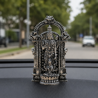 Silver Plated Shri Venkateswara and Mahalakshmi Idol car dashboard view